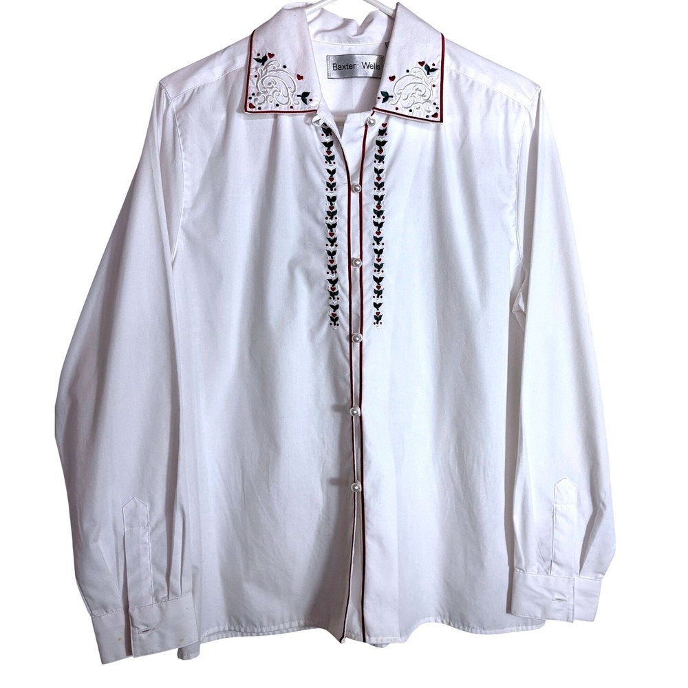 Baxter Wells Womens 12 White Embroidered Button Up‎ Blouse Long Sleeve Floral